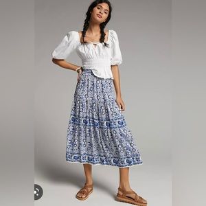 Anthropologie Blue and White Tiered Midi Skirt